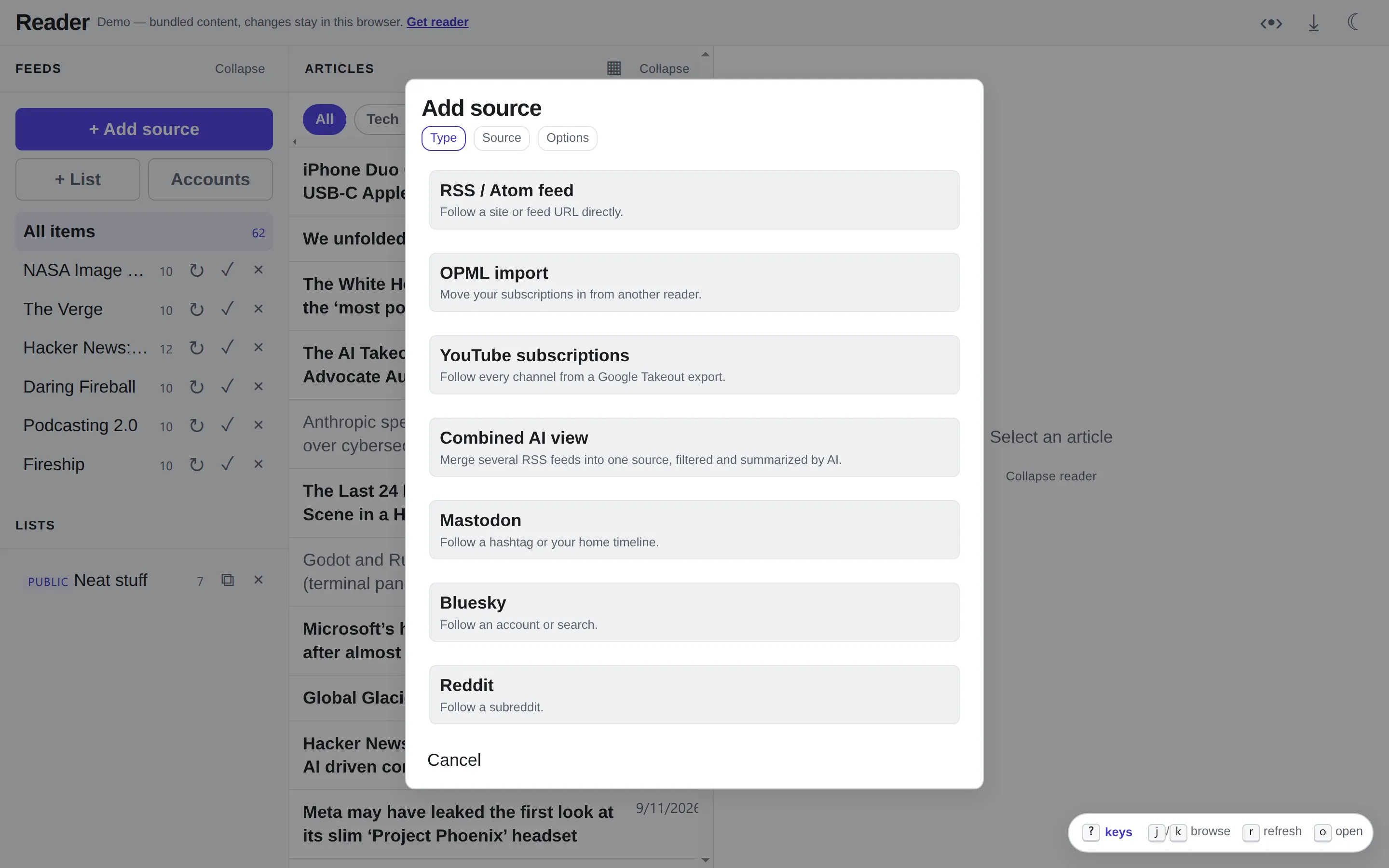 The Add source wizard: RSS/Atom feed, OPML import, YouTube subscriptions, Combined AI view, Mastodon, Bluesky and Reddit