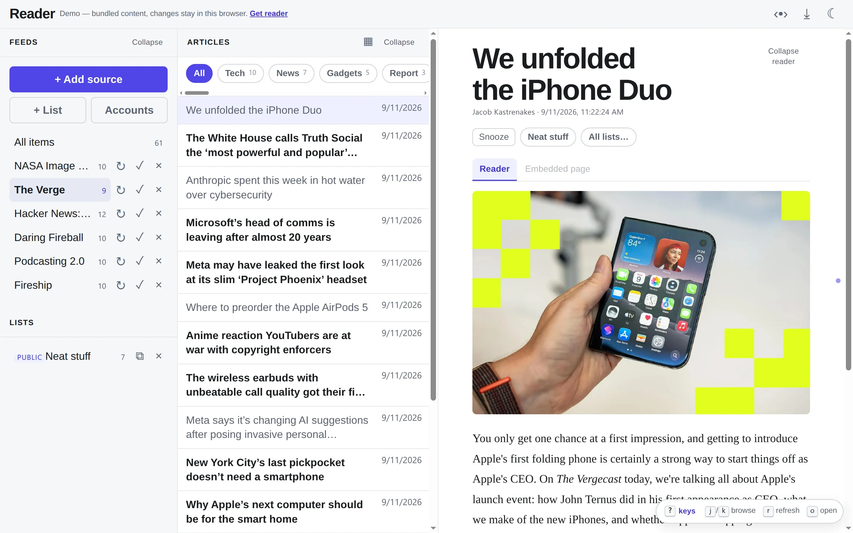 reader's three-pane layout with an article open