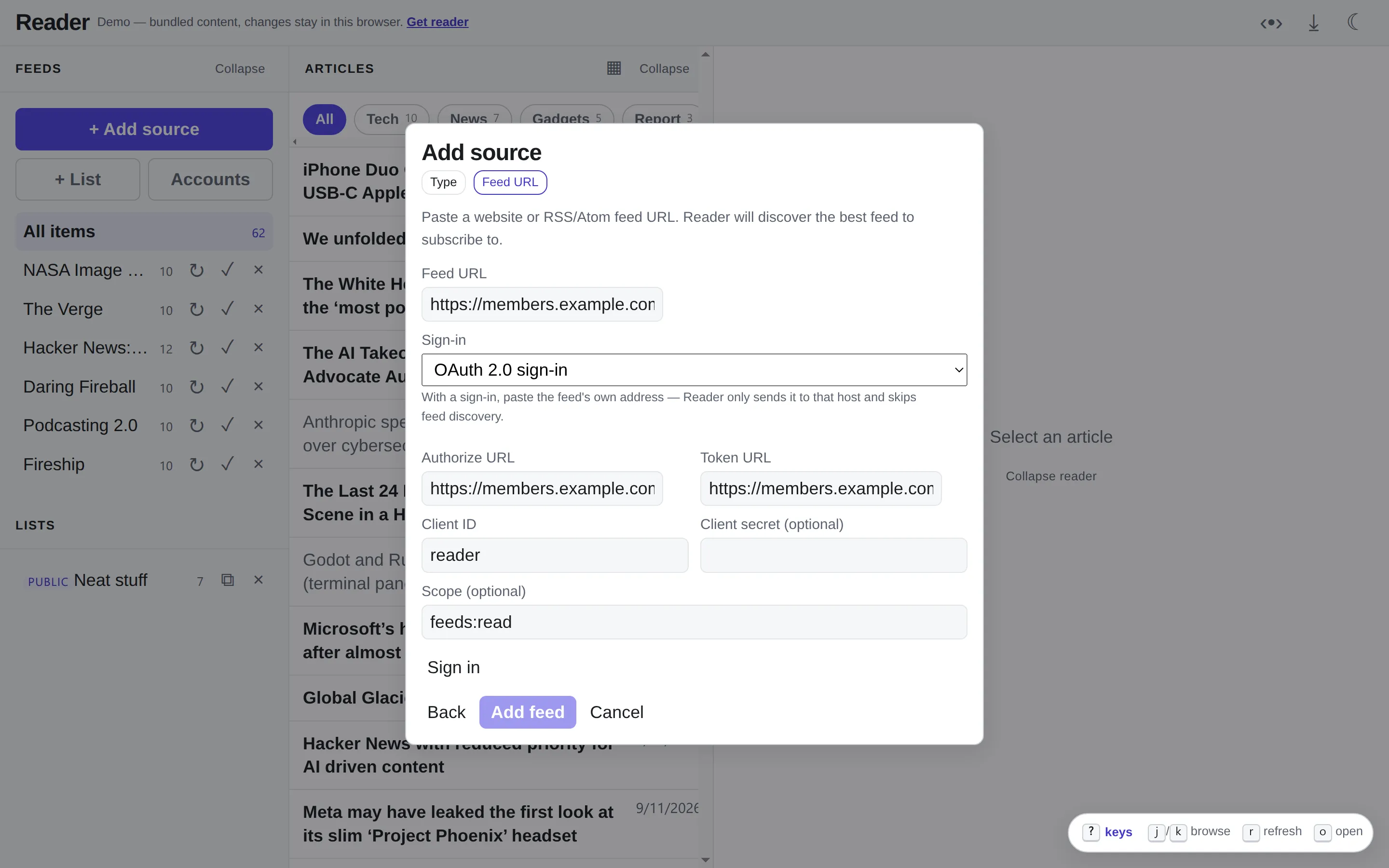 Adding a private feed with an OAuth 2.0 sign-in: authorize URL, token URL, client id and scope