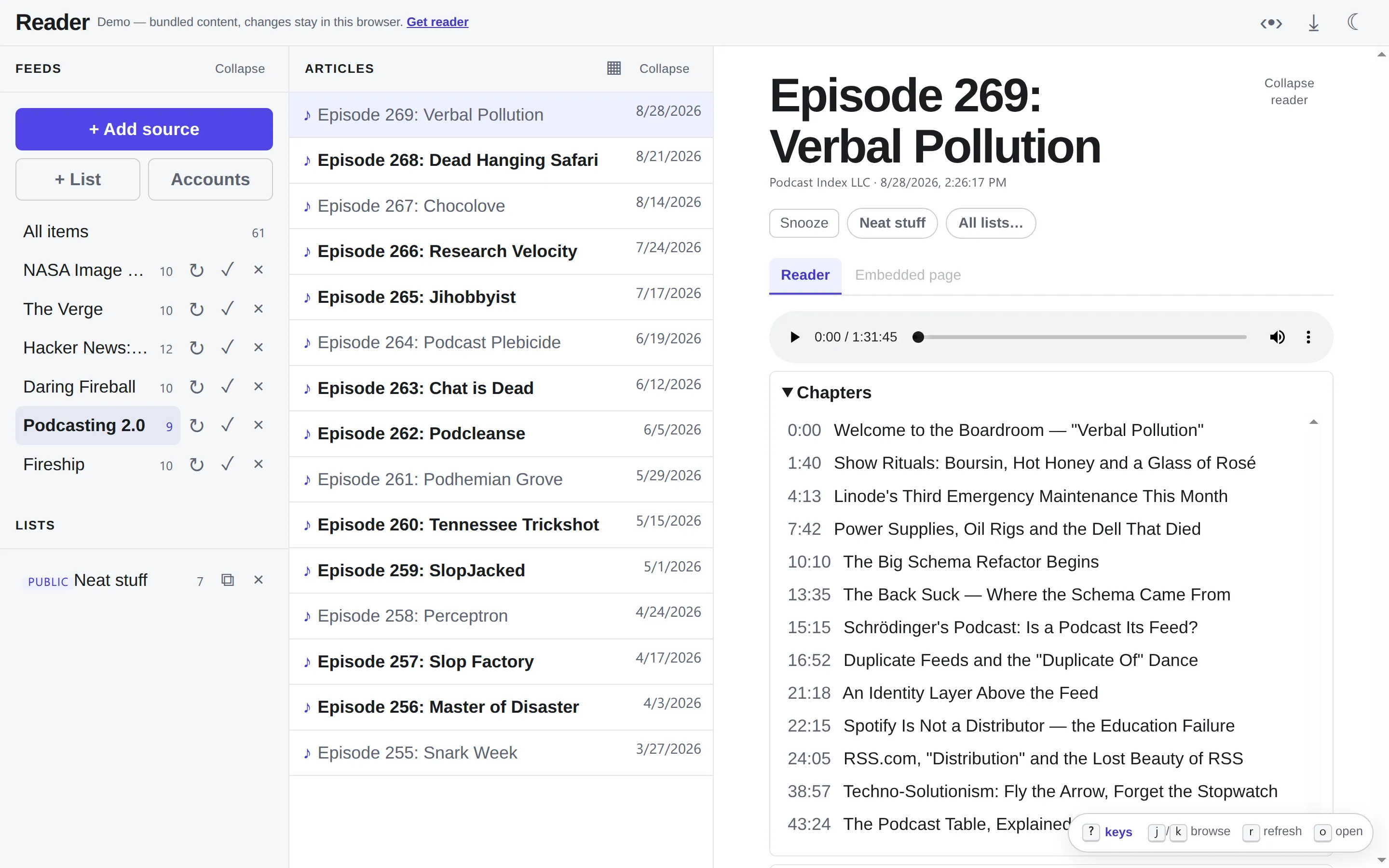 A Podcasting 2.0 episode playing, with its chapter list open